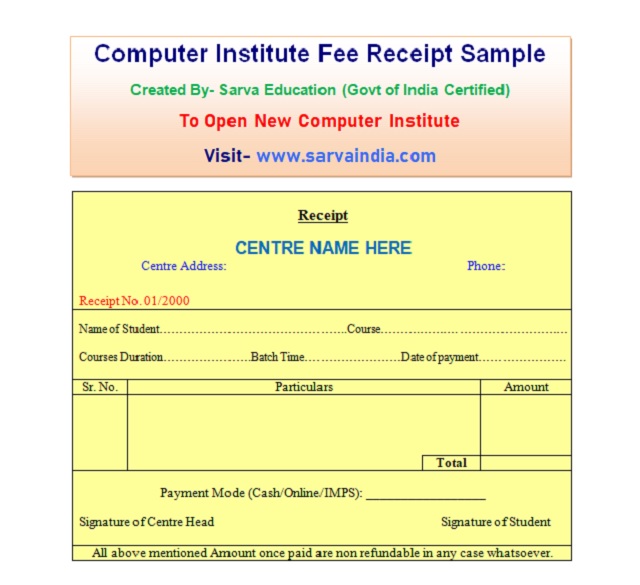 Free Course Fee Receipt, invoice, bill sample for computer training institute centre with tips