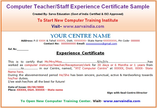 Computer Faculty Job Experience Certificate Sample format for Institute Employee Staff Teacher Instructor with design ideas