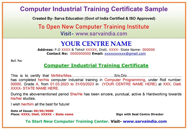 Download Industrial Training Certificate Format Sample with Designing ideas