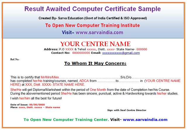 Result Awaited Certificate sample format for training institute with ideas